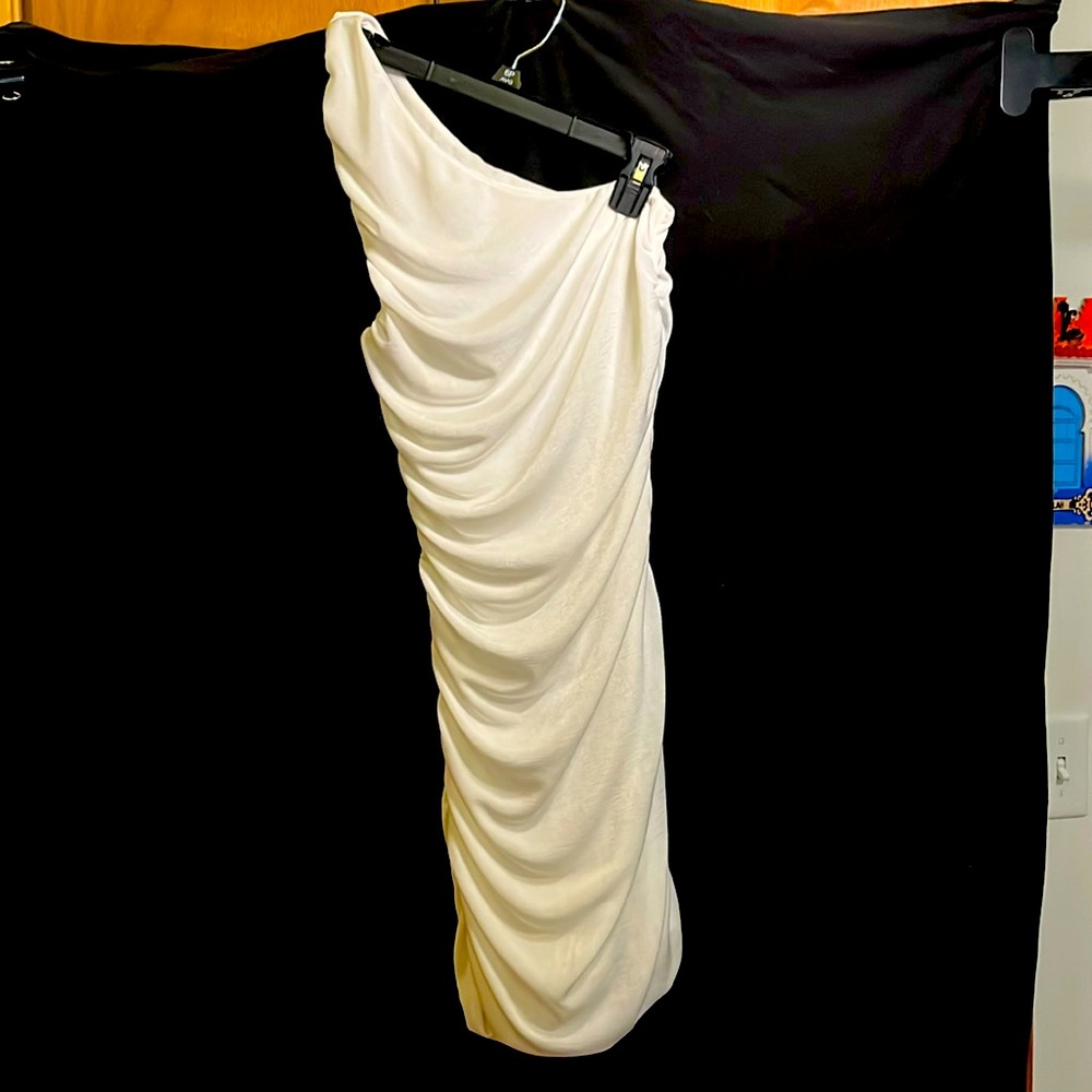 White body con ruffle cocktail dress